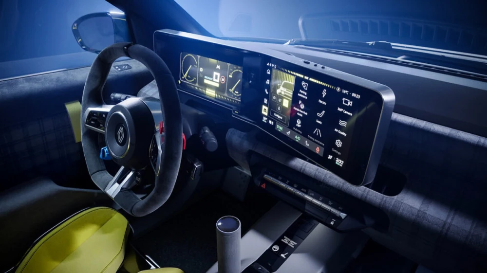 Kabina e Renault 5 Turbo 3E me ekranet OpenR, timonin sportiv dhe frenën vertikale të dorës