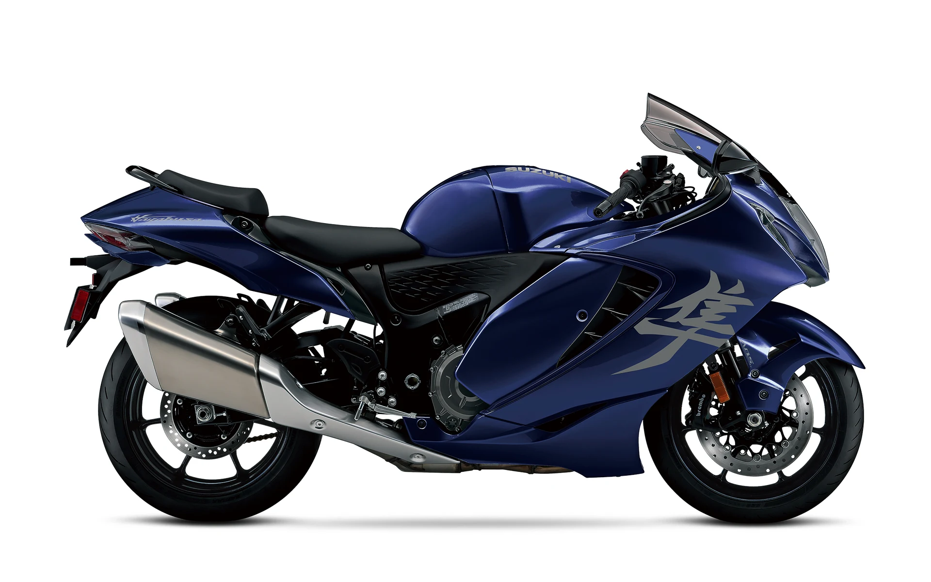 Suzuki Hayabusa 2027 blu në profil, me karenën aerodinamike dhe motorin 1.340 cc