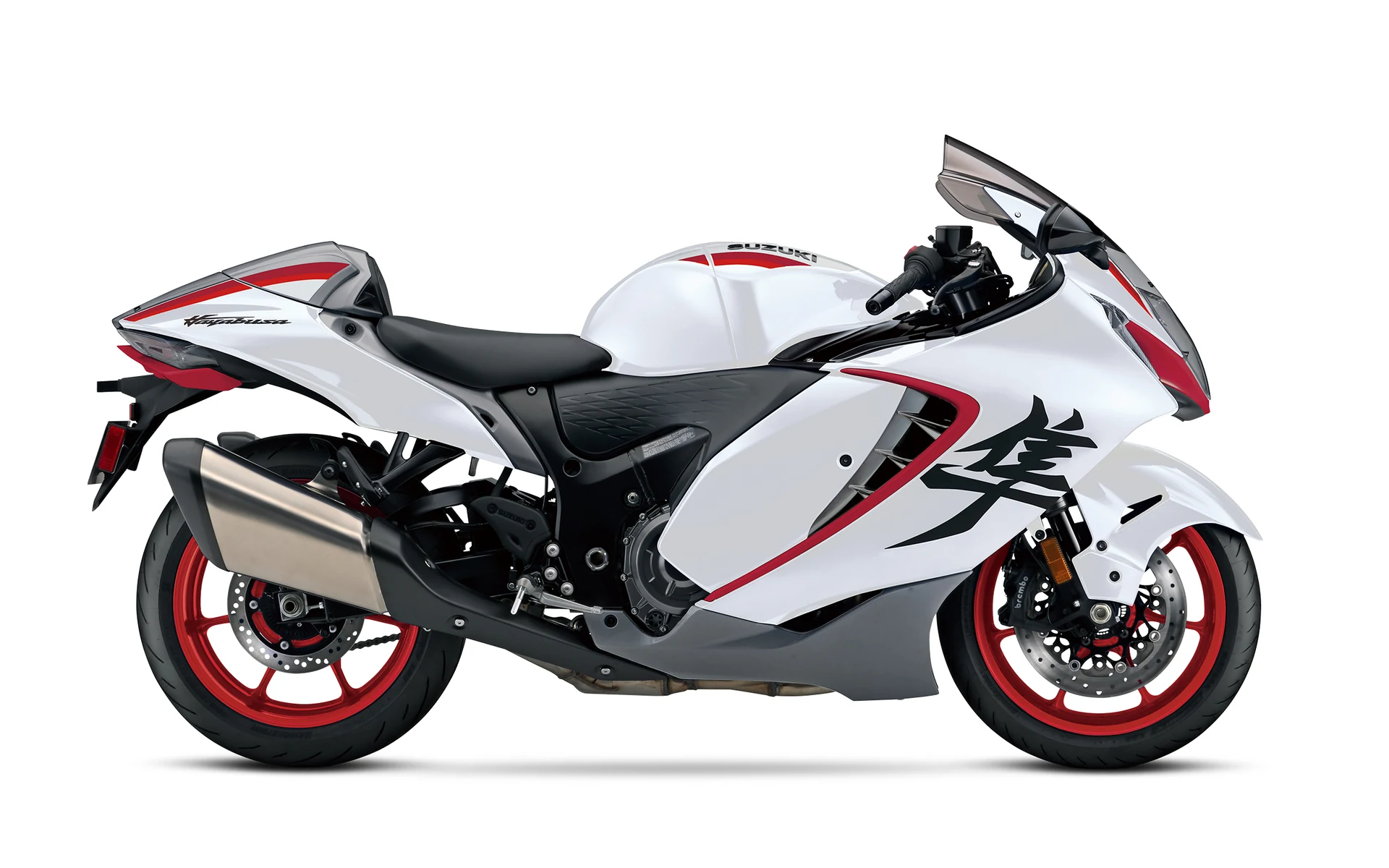 Suzuki Hayabusa Special Edition 2027 në profil, me rrota të kuqe dhe grafikë të zezë Kanji